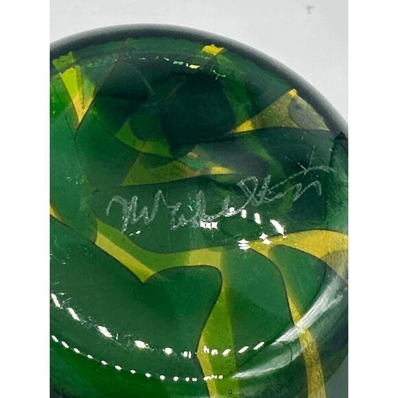 Art Glass Handkerchief Hand Blown Glass Ruffled Rim Signed- Green & Yellow - Picture 7 of 10
